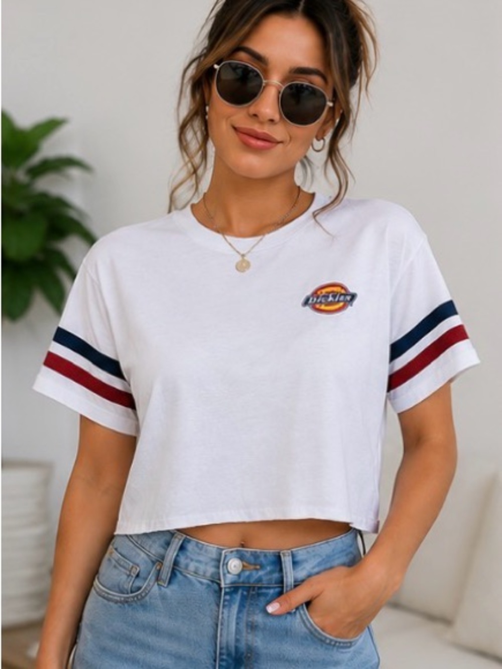Dickies White Cropped T-Shirt Red White Blue Stripe Sleeve Logo Graphic Tee Y2K
